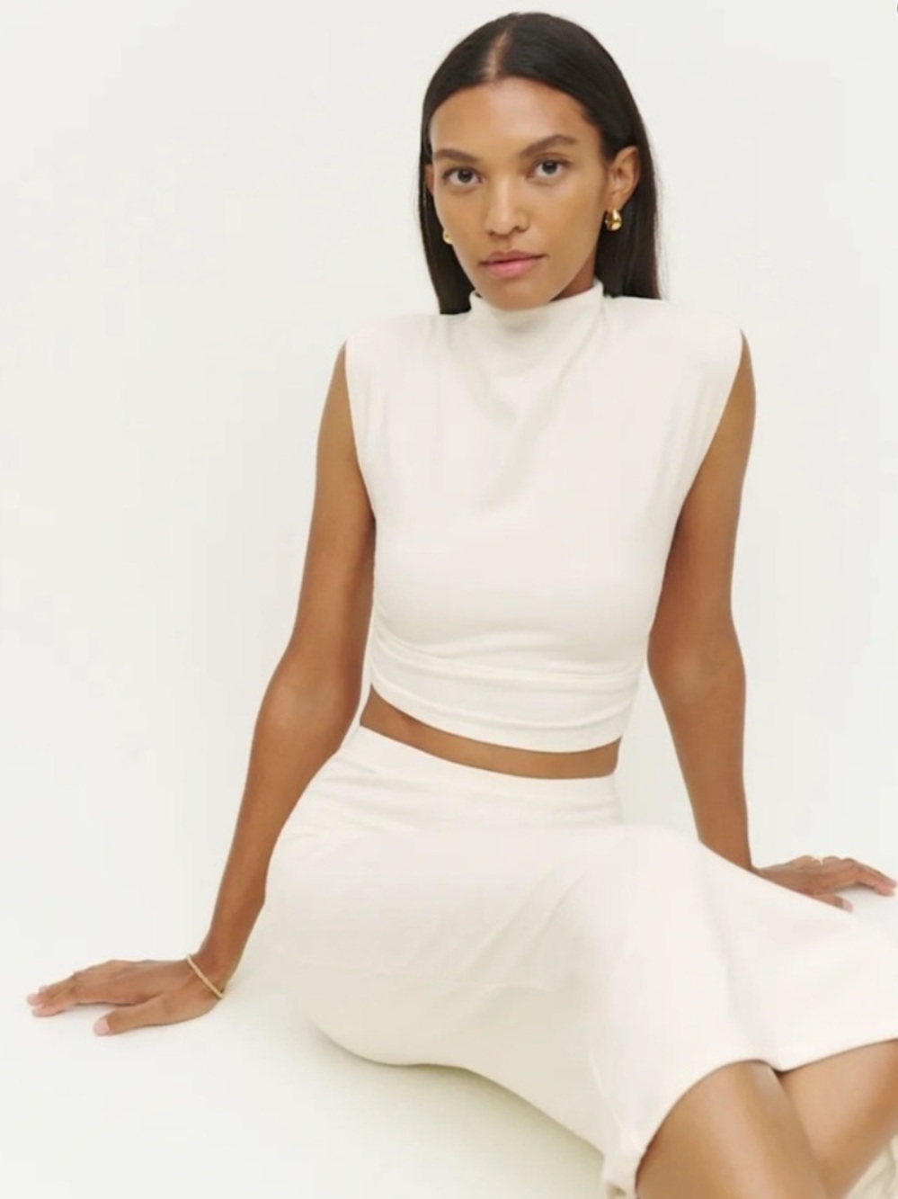 REFORMATION Lindy Ruched White High Neck Top